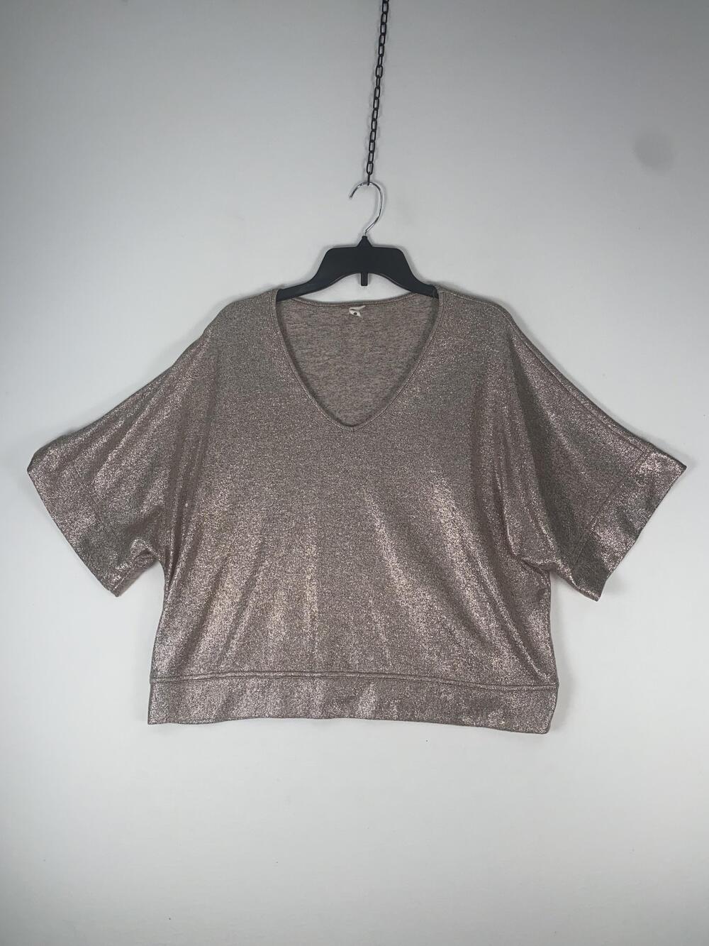 Tyche Blouse Womens Medium Gold Glitter V Neck Dolman Short Sleeve Knit Top
